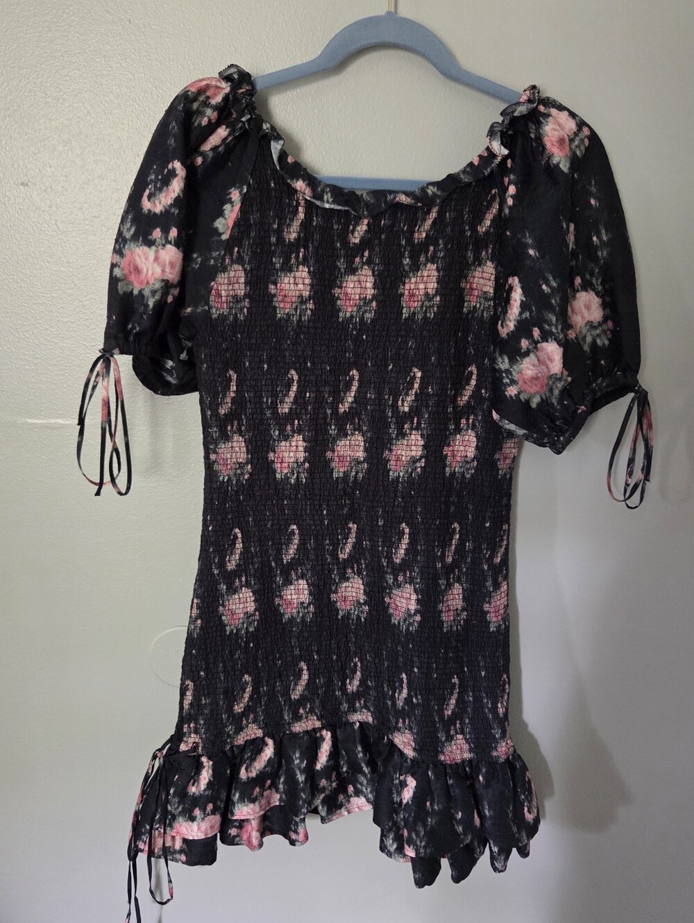 LoveShackFancy Women's Black Floral Smocked 100% Silk Boho Mini Dress Sz L - Picture 8 of 13